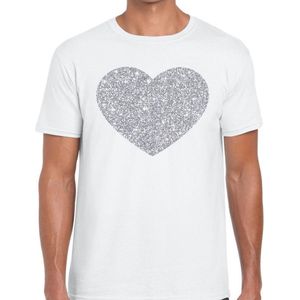 Zilver hart glitter fun t-shirt wit heren - i love shirt voor heren XL