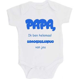 100% katoenen Romper bedrukt met grappige tekst Kado Cadeau Kraamkado Kraamcadeau Vaderdag ""Papa, ik ben helemaal ondersteboven van jou"" Unisex Katoen Wit/blauw Maat 56/62