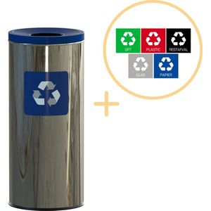 Alda Eco Prestige Bin, Prullenbak - 45L - RVS Blauw - Afvalscheiding Prullenbakken - Gemakkelijk Afval Scheiden – Recyclen - Afvalemmer - Vuilnisbak voor huishouden en kantoor - Afvalbakken - Inclusief 5-delige Stickerset