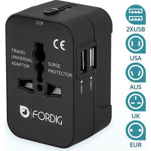 ForDig Universele Wereldstekker met 2 Fast Charge USB Poorten - Reisstekker Geschikt voor 150+ Landen - Reis Stekker Adapter