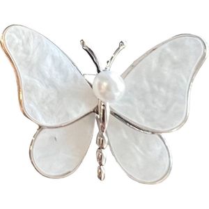Vlinder Broche Sierspeld Paarlemoer Zilver 4.1 cm / 2.9 cm / Zilver Wit Paarlemoer