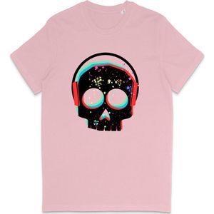 T Shirt Heren Dames - DJ Skull Grafische Print Opdruk - Roze - Maat XS