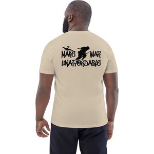Bitcoin T-shirt - Make War Unaffordable - Rug Print - Unisex - 100% Biologisch Katoen - Kleur Woestijnstof - Maat XXL | Bitcoin cadeau| Crypto cadeau| Bitcoin T-shirt| Crypto T-shirt| Crypto Shirt| Bitcoin Shirt| Bitcoin Merch| Bitcoin Kleding