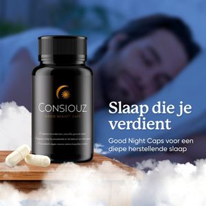 Consiouz Goodnight Caps® -Natuurlijk Slaapsupplement - Beter Slapen en Minder Vermoeidheid – Met Melatonine - Valeriaan - Magnesium Bisglycinaat - Taurinaat