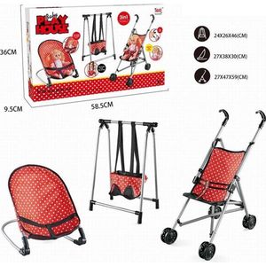 poppenset 3in1 wandelwagen, relax en poppenschommel in rood