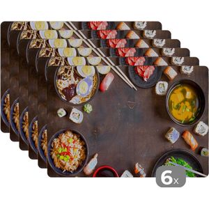 Placemat - Placemats kunststof - Sushi - Eetstokjes - Kruiden - Specerijen - 45x30 cm - 6 stuks - Hittebestendig - Anti-Slip - Onderlegger - Afneembaar