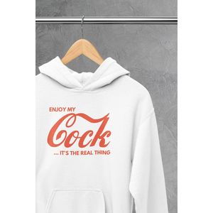 Hoodie - Enjoy my cock - Wurban Wear | Grappige hoodie | Leuk cadeau | Unisex hoodie | meme | Meme kleding | Viespeuk | Grappige kleding | Grappige trui | Dubbelzinnige kleding | Wit & Zwart