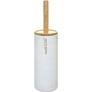 WC-/toiletborstel met houder rond wit met marmer effect kunststof/bamboe 38 cm
