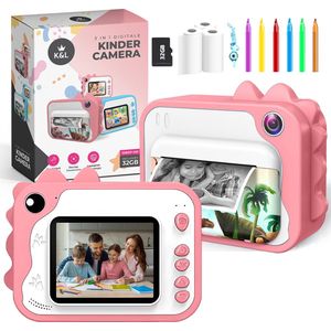 K&L® 3 IN 1 Digitale Kindercamera + Instant print + speelcamera - 32GB micro sd kaart - camera kinderen - Vlogcamera met games - Fototoestel voor Kinderen - Klein Formaat Speelgoed - Met videofunctie - Roze
