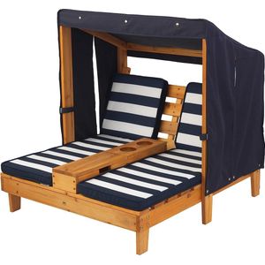 houten ligstoel voor 2 kinderen met bekerhouders, tuinmeubilair voor kinderen, marineblauw en wit