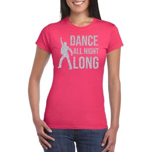 Zilveren muziek t-shirt / shirt Dance all night long - roze - voor dames - muziek shirts / discothema / 70s / 80s / outfit XS