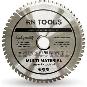 RNtools Cirkelzaagblad - Multi Material - ⌀216MM - 60 tanden - Zaagbreedte 2,4 mm - Dikte blad 1,8mm - geschikt voor onder andere - cirkelzaag - afkortzaag - zaagtafel - Bosch - DeWalt - Hitachi - Hikoki - Festool - Makita - Metabo - Milwaukee