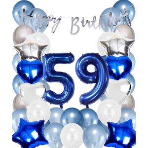 Snoes Ballonnen 59 Jaar Set Mega Blauw Zilver Ballon - Compleet Feestpakket Cijferballon 59 Jaar - Verjaardag Versiering Slinger Happy Birthday – Folieballon – Latex Ballonnen - Helium Ballonnen