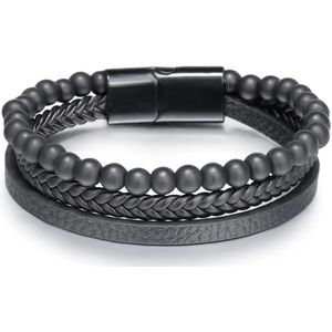 Armband Heren - Zwart Leer met Zwarte Kralen - Leren Armbanden - Kralenarmband - Cadeau voor Man - Mannen Cadeautjes