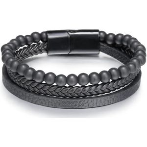 Armband Heren - Zwart Leer met Zwarte Kralen - Leren Armbanden - Kralenarmband - Cadeau voor Man - Mannen Cadeautjes Accesoires