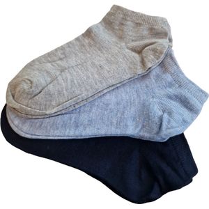 Ruinur Kindersokken - Sneakersokken - Katoenen Sokken - 3 Paar - Maat 23-26 - Grijs/Lichtblauw/Donkerblauw