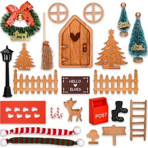 Kabouterdeur complete set, miniatuur kabouteraccessoires, kerstkabouterdeur, kerstdecoratie elfdeurset met hekken, miniatuurbrievenbussen, laarzen, krans, mini-kerstboom, sjaals, bezemgeheim