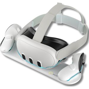 VORTEX VR-oplaadstation voor Meta Quest 3 – Dubbel oplaadstation met LED-basis – Laadt headset en controllers tegelijkertijd op – Inclusief batterijen en batterijdeksels (USB-C-dock)