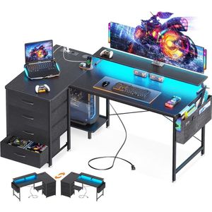 Hoekbureau met 4 laden - Omkeerbaar L-vormig bureau - Gamingtafel met leds - Monitorstandaard - Thuiskantoor - Zwart 140 x 80 x 85 cm Hoekbureau