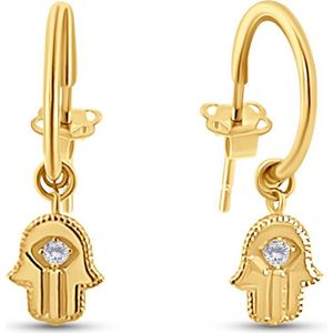 Silventi 9NBSAM-G230231 Gouden Oorbellen met Hangertje - Halve Oorringen - 11mm Doorsnee - 6mm Fatima Handje - Zirkonia - 14 Karaat - Goud