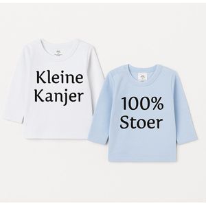 Baby T-Shirt met Tekst ‘Kleine Kanjer’ & ‘100% Stoer’ – Maat 62 – Set van 2 – Lange Mouwen – Babykleding – Origineel Kraamcadeau – Blauw & Wit