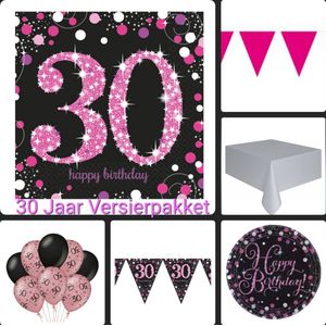Feestpakket 30 Jaar, Versiering, Verjaardag, roze/ zwart