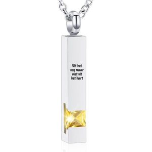 Luxe Ashanger | Met Ketting En Gravering | Uit Het Oog Maar Niet Uit Het Hart | Assieraad | Zilverkleurig Met Gele Steen | As Ketting | Gedenksieraad | Urn | Incl. As vuller