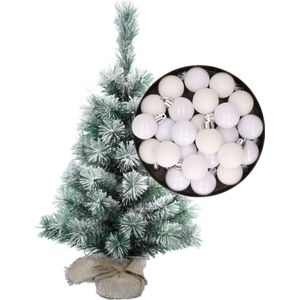 Besneeuwde mini kerstboom/kunst kerstboom 35 cm met kerstballen wit - Kerstversiering