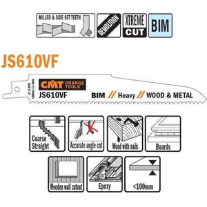 CMT JS610VF-5 Bi-metaal reciprozaagblad 150 x 1,6 mm. 3,2-5tpi (schuin zagen, hout met spijkers, plaatmateriaal, uitzagen houten wand, glasvezel/epoxy)