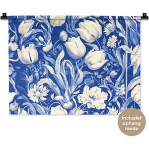 Wandkleed 60x45 cm - Wanddoek Bloemen - Delfts Blauw - Patroon - Tulp - Wandtapijt - Wandkleden