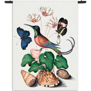 Velours Wandkleed Prent Natuur Vogel en Bloemen 07 Rechthoek Verticaal S (85 X 60 CM) - Wandkleden - Met roedes