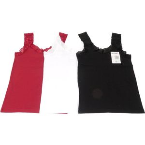 Damestopjes - Onderhemdjes - Afgewerkt met Kant - 3 Stuks - Wit - Zwart - Rood