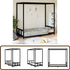 vidaXL Kinderbedframe - 90x190 cm - Grenenhout - Zwart Kinderbed - Hemelbed - Grenenhout Bed - Kids Bed - Zwarte Kinderkamer