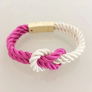 Walletstreet Yin Yang Armband – Gevlochten touw en RVS - Armbandje 21 cm Roze/Wit-voor mannen en vrouwen-Kerstcadeau-Ideale geschenk
