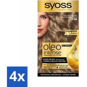 4 x SYOSS - Oleo Intense 7-58 Cool Beige Blond - Haarverf - Zonder Ammoniak - Grijsdekking - Langdurige Kleur - Permanente Haarkleuring - Haarkleur - Olie-formule - Ammoniakvrij - Grijsdekking