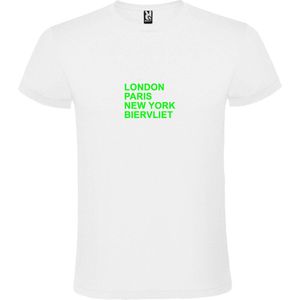 Wit T-Shirt met “ LONDON, PARIS, NEW YORK, BIERVLIET “ Afbeelding Neon Groen Size L