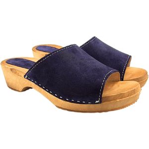 Houten sandalen met suede leren upper - Navy Blue - Maat 38