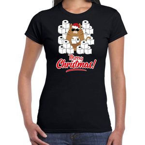 Fout Kerstshirt / Kerst t-shirt met hamsterende kat Merry Christmas zwart voor dames- Kerstkleding / Christmas outfit S