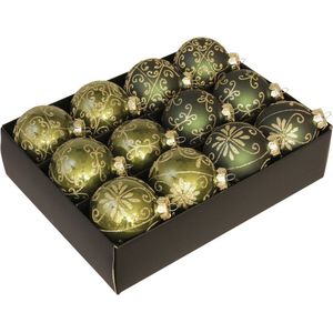 24x Glazen gedecoreerde donkergroen/gouden kerstballen 7,5 cm - Luxe glazen kerstballen - kerstversiering