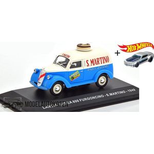 Lancia Ardea 800 Van 1949 “S.MARTINO” (Blauw) (10 cm) 1/43 Atlas + Hot Wheels Miniatuurauto + 3 Unieke Auto Stickers! - Model auto - Schaalmodel - Modelauto - Miniatuur autos - Speelgoed voor kinderen