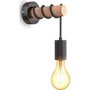 B.K.Licht - Landelijke Wandlamp - voor binnen - industriele - zwarte - houten wandlamp - netstroom - met 1 lichtpunt - slaapkamer - bedlamp - E27 fitting - excl. lichtbron