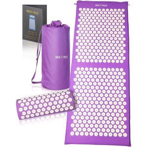 High Pulse® XXL Acupressuur Set + 5 Ringen + Poster - Extra Lange Acupressuur Mat & Kussen Stimuleert Bloedcirculatie en Verlicht Spanning (Paars)