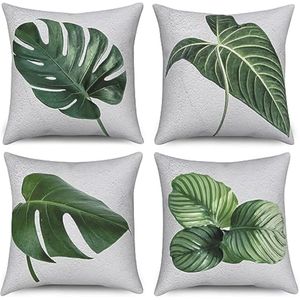 Selbro®, Bladeren kussensloop, 40 x 40 cm, set van 4, modern, eenvoudig, groen, bladeren, wit, voor bank, sierkussen, wasbaar, polyester, vlas textiel, outdoor, bekleding