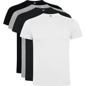 4 Pack Dogo Premium Unisex T-Shirt merk Roly 100% katoen Ronde hals Zwart, Wit, Lichtgrijs gemeleerd, Donker Grijs Maat XXL