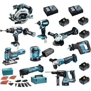 Makita - DLX1012TJ1 - 18V - 10-delige - combopack - DHP481 + DTD153 + DHR243 + DGA506 + DBO180 + DJV181 + DDA351 + DHS680 + DJR188 + DTM51 - 5x 5.0Ah - in 9x Mbox - trolley