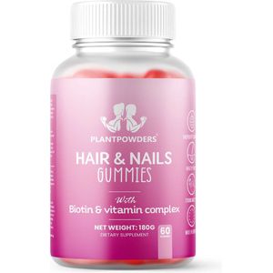 Plantpowders® - Vitamine Gummies - Haar en Nagels - 60 gummies - Met Biotine - Vegan & Suikervrij - Frambozen Smaak
