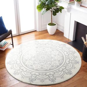 Rond zacht pluizig cirkeltapijt 90 cm - antislip wasbaar - Boheemse mandala - grijs - voor woonkamer slaapkamer