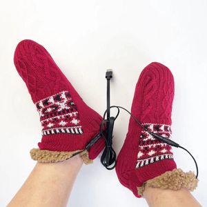 Elektrische verwarmde voetwarmers voor dames, zachte, warme sokken, dikke warme wintersokken, antislipzolen, wollen voering, geschikt voor thuis, op kantoor en op reis,Rood