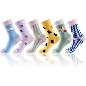 Monfoot - Grappige sokken - Vrolijke sokken- Kleurrijke Warme Kat Sokken - Unisex - 6 Paar - Maat 36-38 - Katten print - Grappige cadeaus