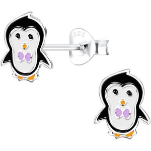 Joy|S - Zilveren pinguïn oorbellen - 7 x 9 mm - paarse strikje